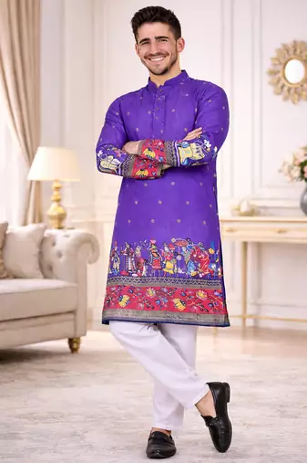 purple color patola print dola silk kurta pajama set