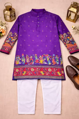 purple color patola print dola silk kurta pajama set