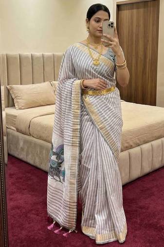 grey linen cotton saree with meenakari weaving pallu 
