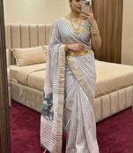 grey linen cotton saree with meenakari weaving pallu 