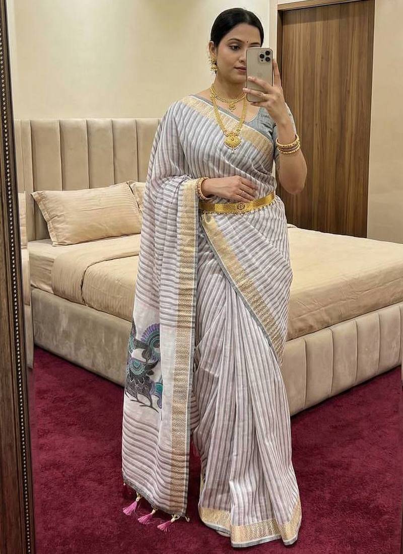 grey linen cotton saree with meenakari weaving pallu 