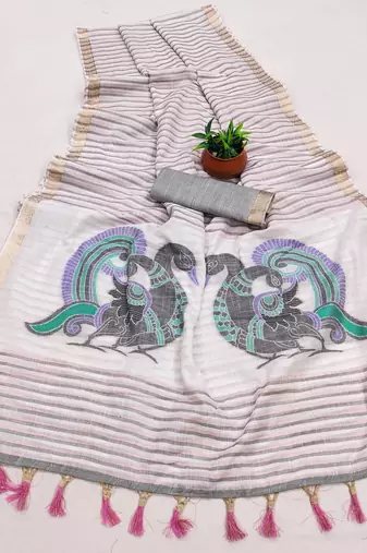 grey linen cotton saree with meenakari weaving pallu 