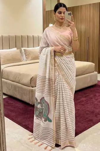 peach linen cotton saree with meenakari weaving pallu 