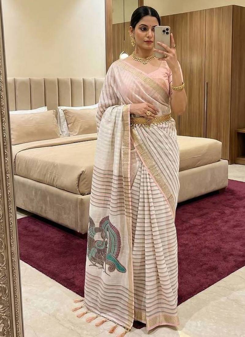 peach linen cotton saree with meenakari weaving pallu 