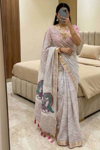 pink linen cotton saree with meenakari weaving pallu 