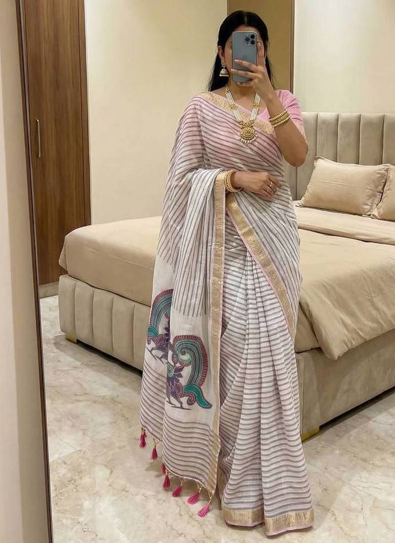 pink linen cotton saree with meenakari weaving pallu 