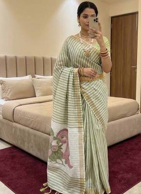 pista green cotton saree with meenakari weaving work 1