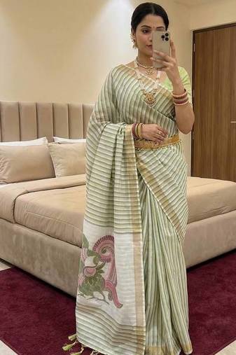 pista green cotton saree with meenakari weaving work