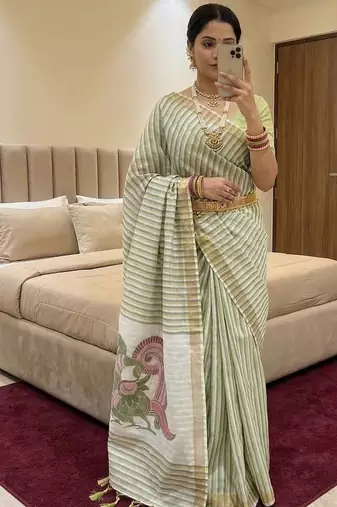 pista green cotton saree with meenakari weaving work