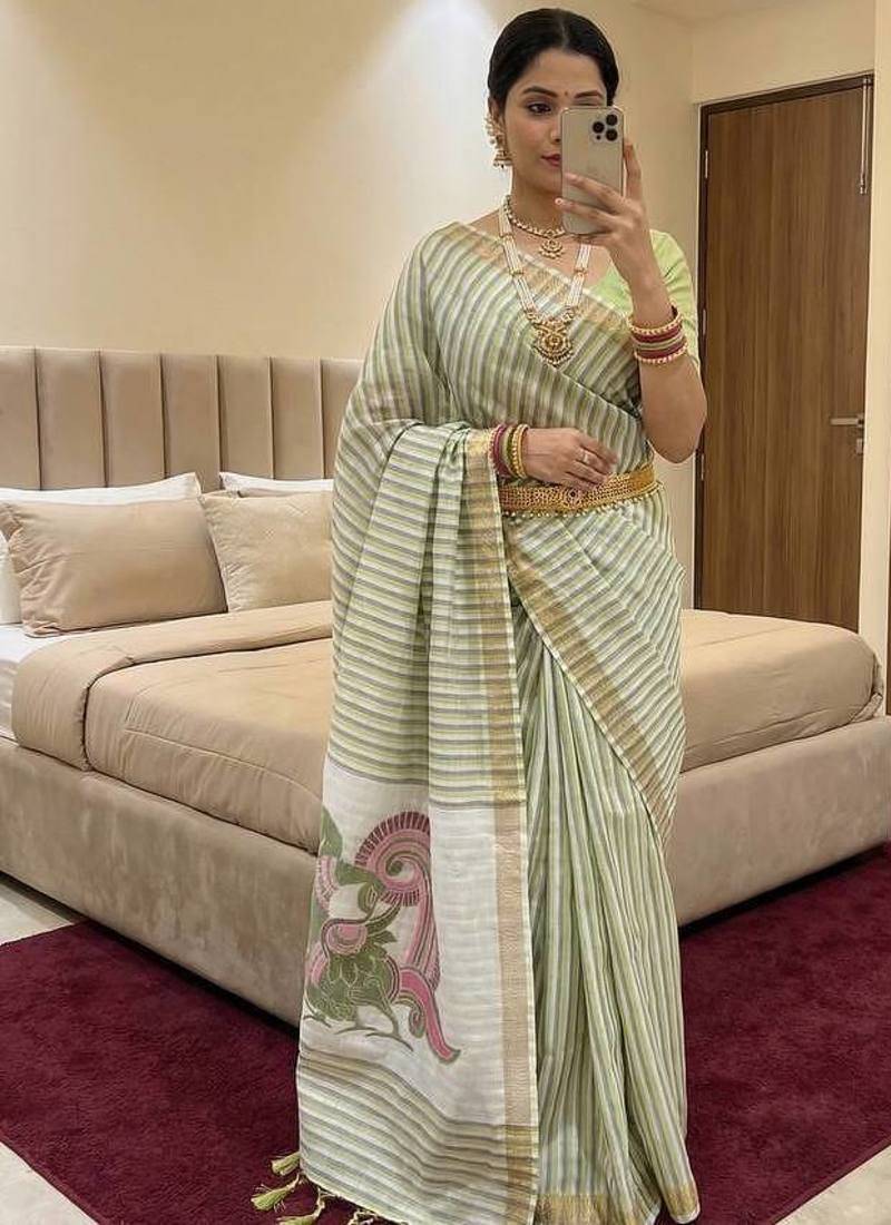 pista green cotton saree with meenakari weaving work