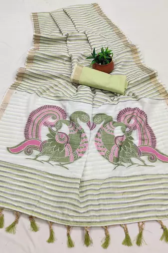 pista green cotton saree with meenakari weaving work