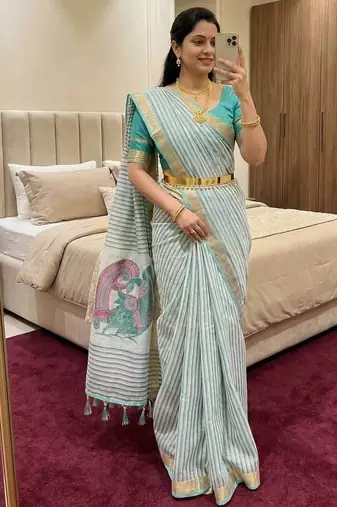 sky blue cotton saree with meenakari weaving work