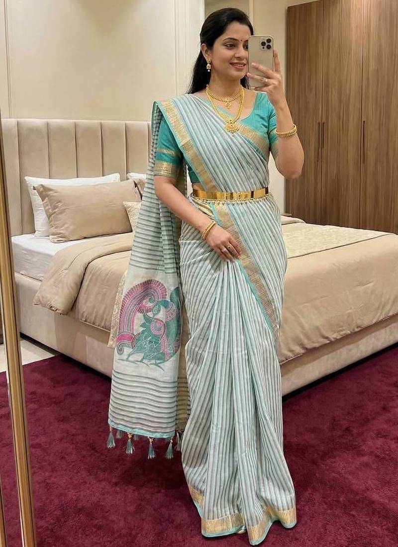 sky blue cotton saree with meenakari weaving work