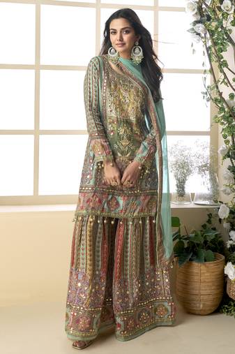 Green color elegant heavy crepe silk digital print suit with aari work & chiffon dupatta