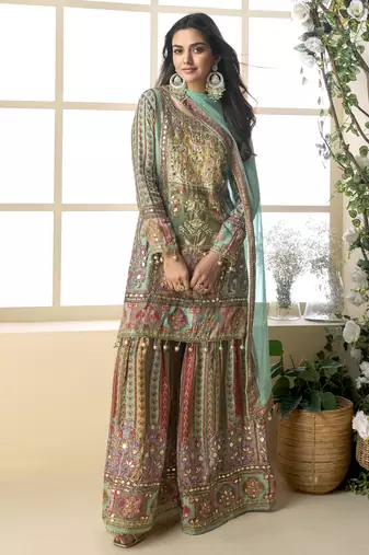 Green color elegant heavy crepe silk digital print suit with aari work & chiffon dupatta