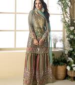 Greenelegant heavy crepe silk digital print suit with aari work & chiffon dupatta