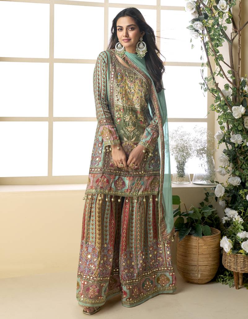 Green color  heavy crepe silk digital print suit with aari work & chiffon dupatta