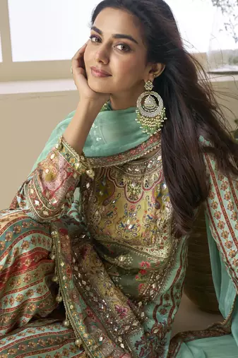 Green color elegant heavy crepe silk digital print suit with aari work & chiffon dupatta