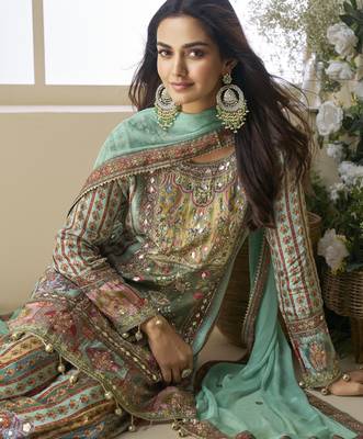 Greenelegant heavy crepe silk digital print suit with aari work & chiffon dupatta 3