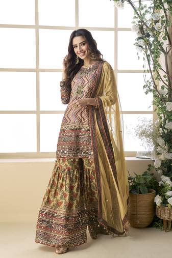 Brown color elegant heavy crepe silk digital print suit with aari work & chiffon dupatta