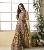 brown crepe silk sharara set with aari work