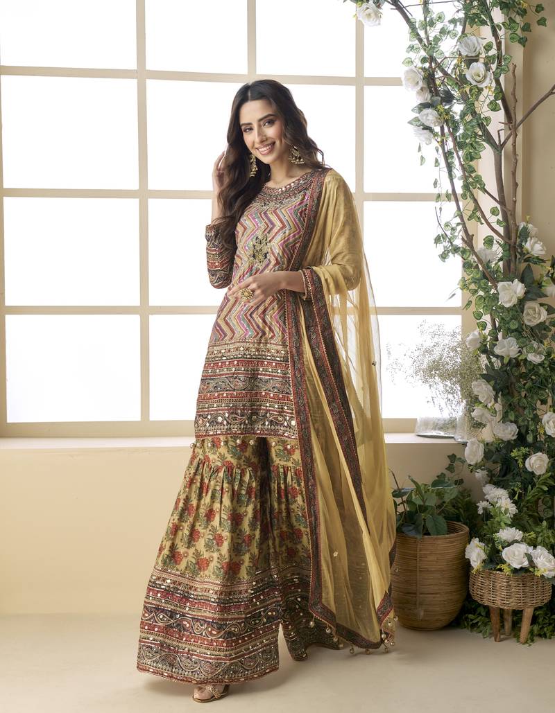 Brown color elegant heavy crepe silk digital print suit with aari work & chiffon dupatta