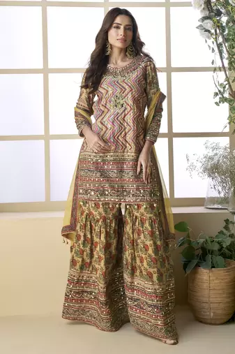 Brownelegant heavy crepe silk digital print suit with aari work & chiffon dupatta