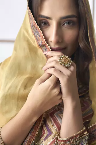 Brownelegant heavy crepe silk digital print suit with aari work & chiffon dupatta