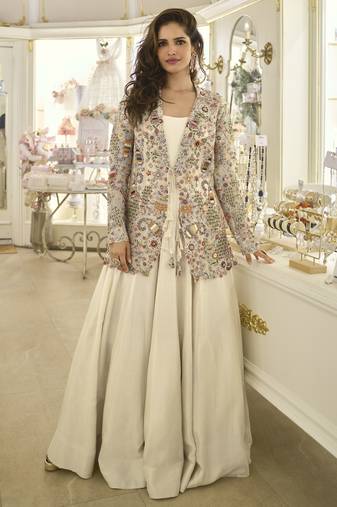 Offwhite color premium real silk wedding gown with heavy beaded embroidered jacket