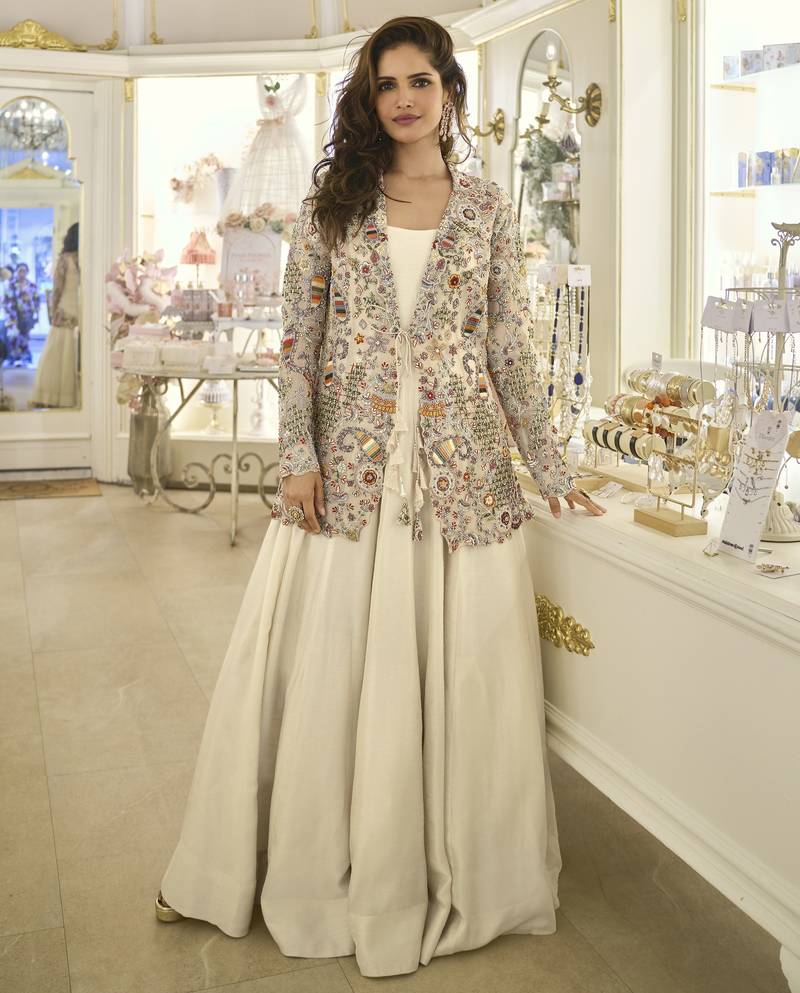 Offwhite color premium real silk wedding gown with heavy beaded embroidered jacket