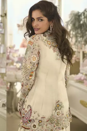 Offwhite color premium real silk wedding gown with heavy beaded embroidered jacket