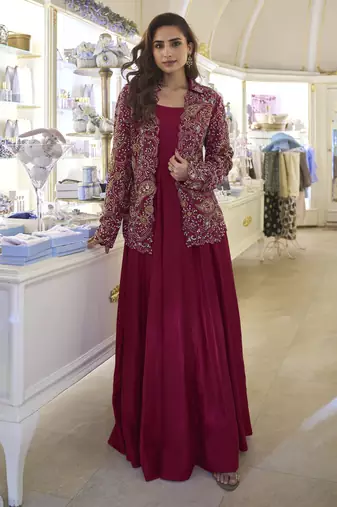 Wine color premium real silk wedding gown with heavy beaded embroidered jacket