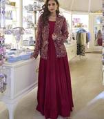 Wine color premium real silk wedding gown with heavy beaded embroidered jacket