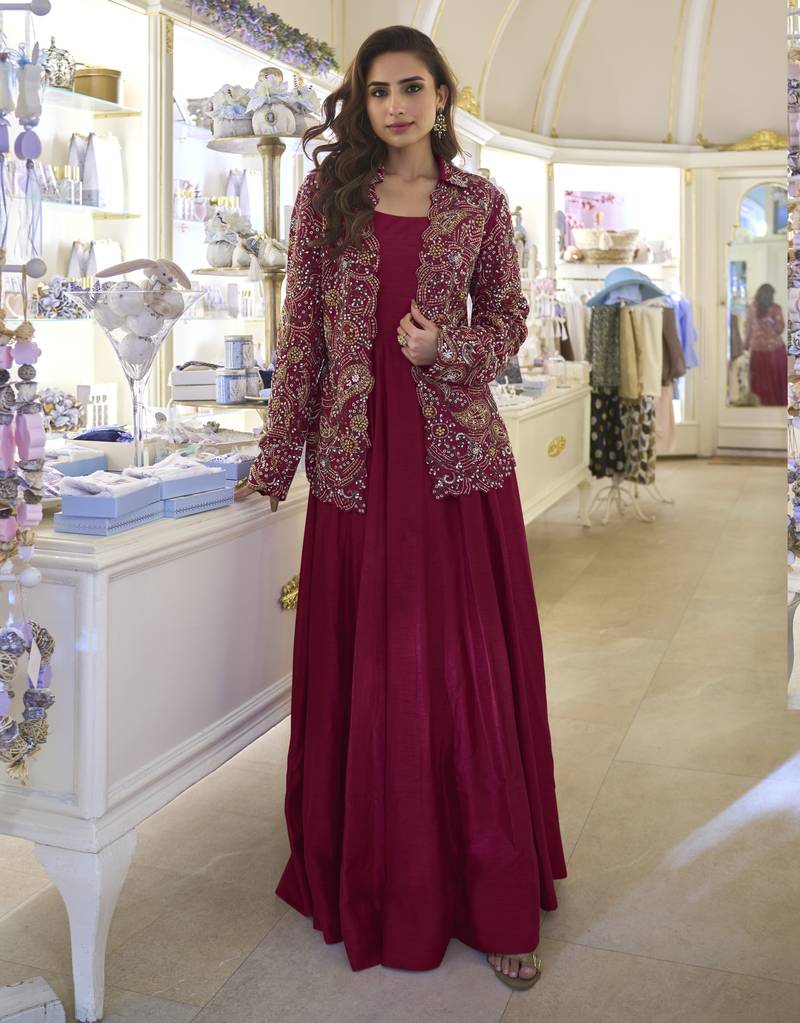 Wine color premium real silk wedding gown with heavy beaded embroidered jacket