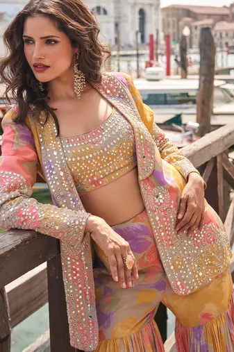 Orange color  designer chinon silk printed choli with sequins & mirror work gharara set