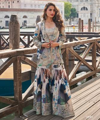 Blue chinon silk printed choli with sequins & mirror work gharara set 1