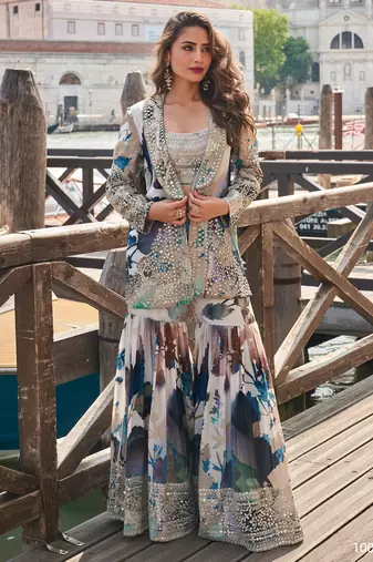 Blue color designer chinon silk printed choli with sequins & mirror work gharara set