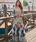 Blue color designer chinon silk printed choli with sequins & mirror work gharara set