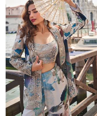 Blue chinon silk printed choli with sequins & mirror work gharara set 2