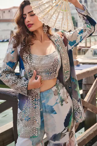 Blue chinon silk printed choli with sequins & mirror work gharara set