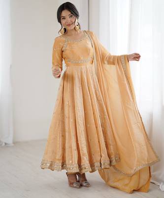 Light orangeelegant fandy silk gown set with sequins coding work, pant & dupatta 1