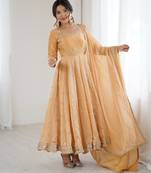 Light orange color elegant fandy silk gown set with sequins coding work, pant & dupatta