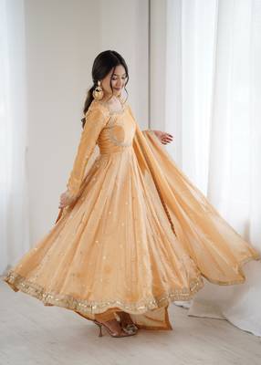 Light orangeelegant fandy silk gown set with sequins coding work, pant & dupatta 2