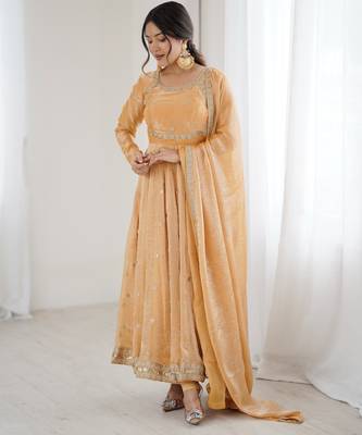 Light orangeelegant fandy silk gown set with sequins coding work, pant & dupatta 3