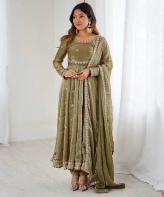 Oliveelegant fandy silk gown set with sequins coding work, pant & dupatta 1