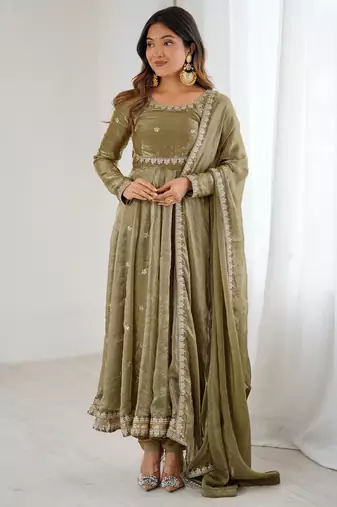 Olive color elegant fandy silk gown set with sequins coding work, pant & dupatta