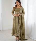Olive color elegant fandy silk gown set with sequins coding work, pant & dupatta