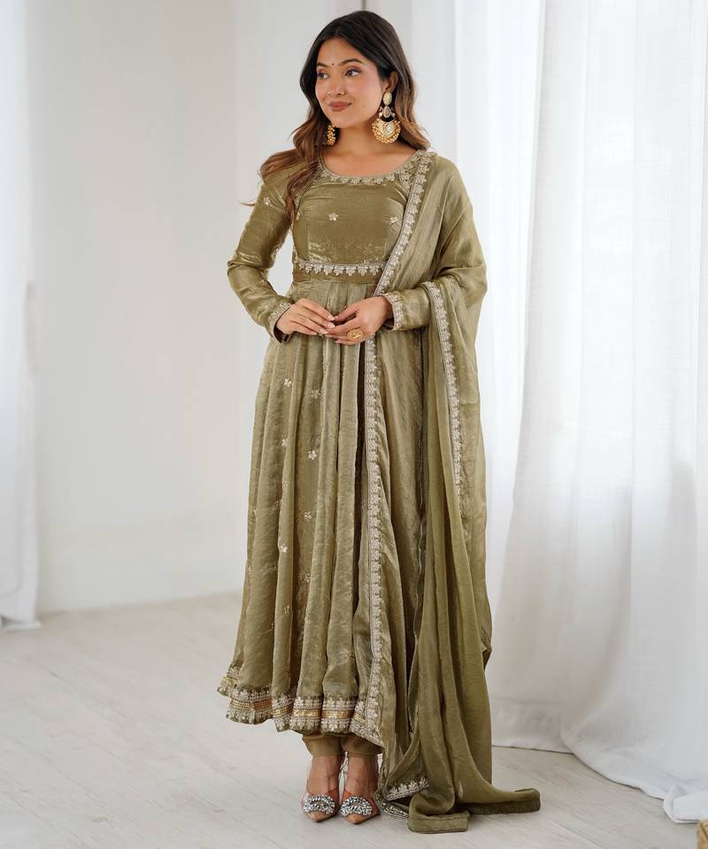 Olive color elegant fandy silk gown set with sequins coding work, pant & dupatta