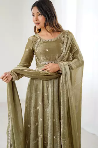 Oliveelegant fandy silk gown set with sequins coding work, pant & dupatta