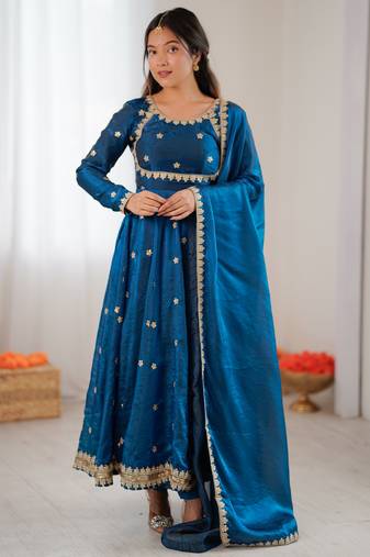 Blue color elegant fandy silk gown set with sequins coding work, pant & dupatta